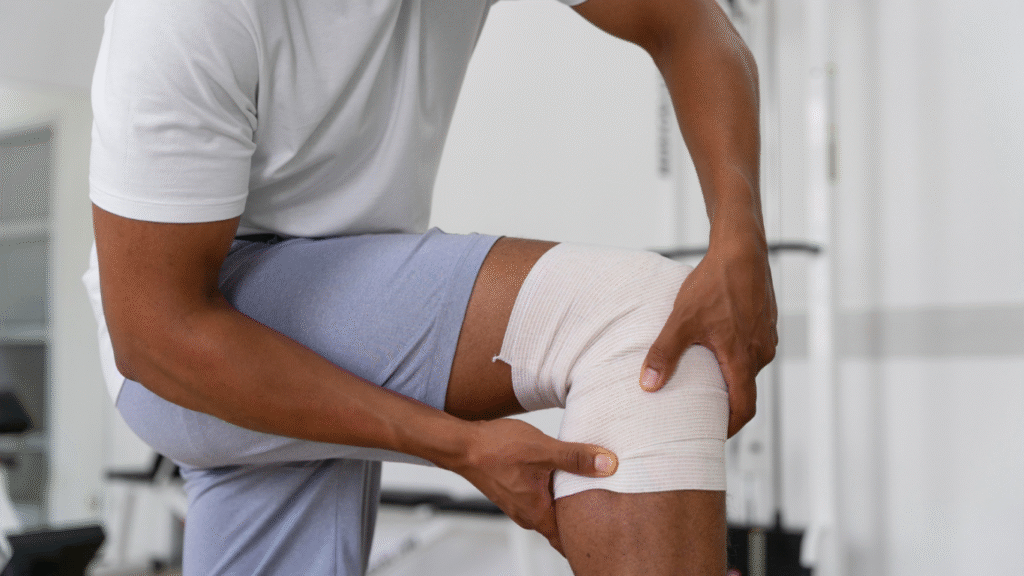 Homem com o joelho enfaixado, para falar sobre a ruptura dos ligamentos