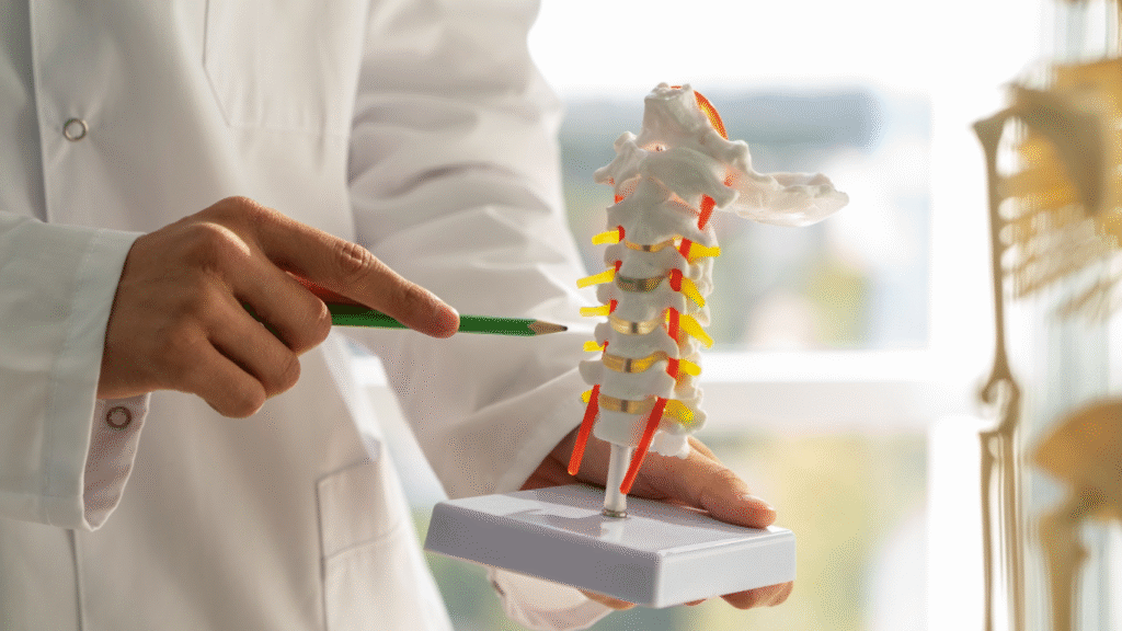 Médico mostrando uma escultura da coluna ao paciente, para falar sobre os sintomas e tratamentos da hérnia de disco